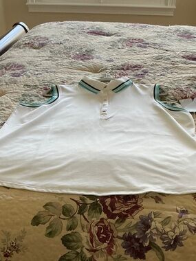 Women's White Cold-Shoulder Polo Tank with Green Stripe Trim